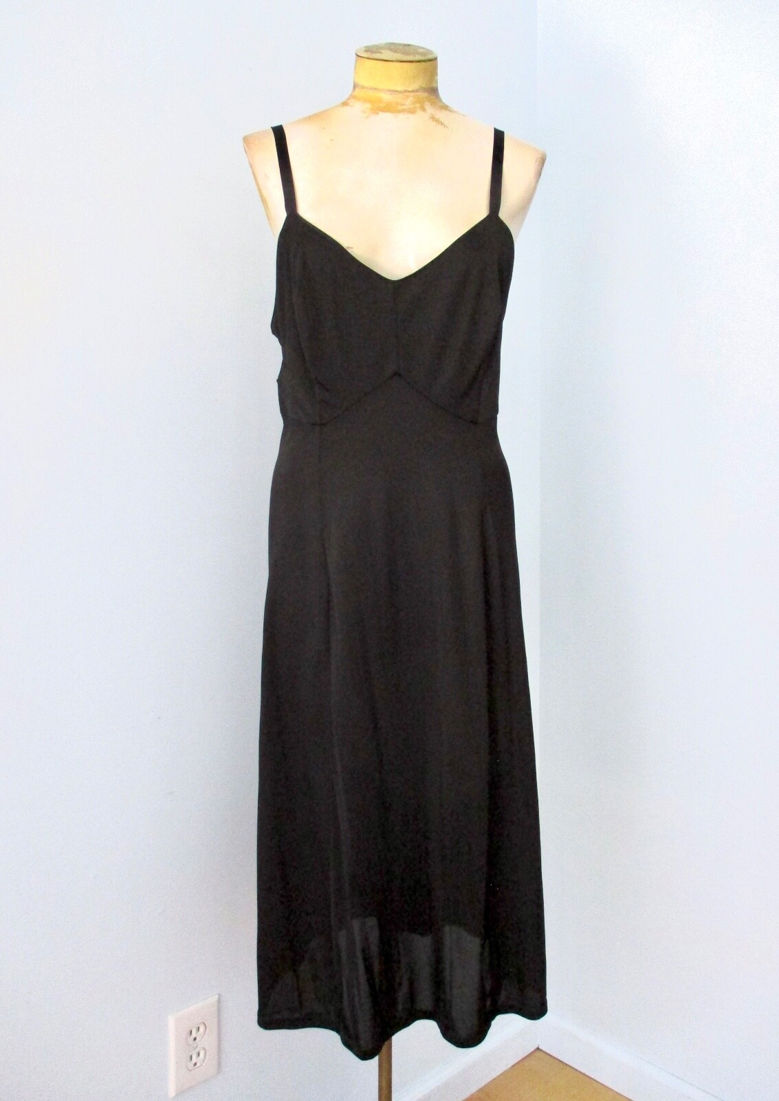 Vtg 50s 60s Wolverine Black Nylon Knit Full Midi Slip Ribbon Straps Burlesque 38