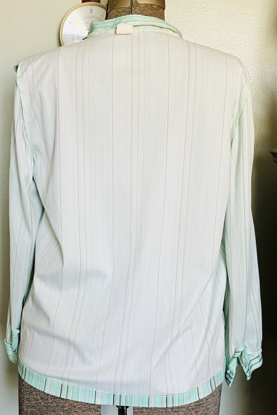 Vtg Shirt 70s Polyester Top Collar Spring Pastel Stripes Pink Aqua Brown M/L