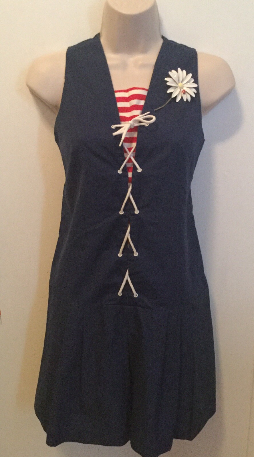 1960s Mod Preppy Nautical Navy Sailor Stripe Haymaker Romper Pleated Shorts XXS