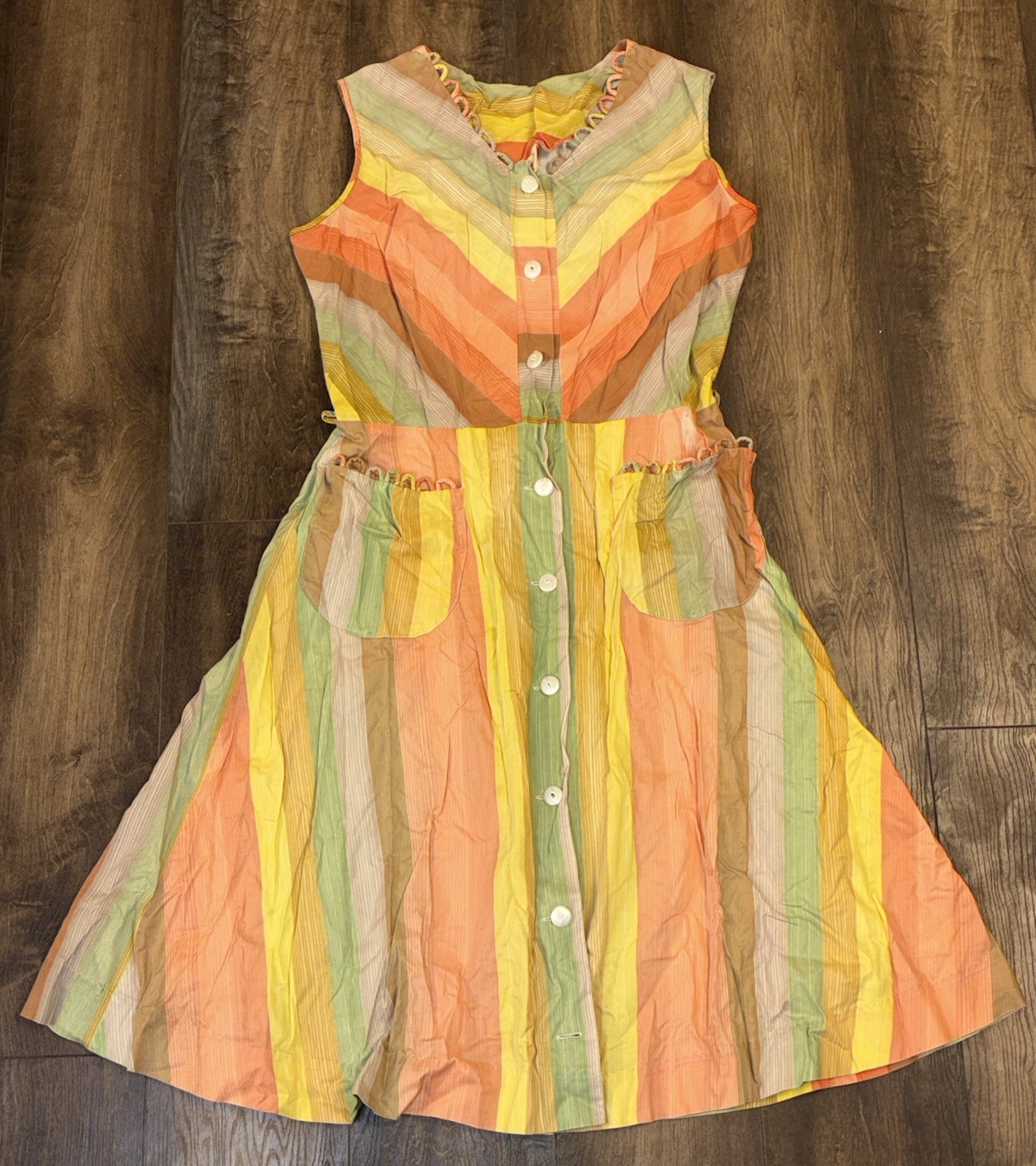 Vtg Penney’s Brentwood Striped Day Dress Women’s Medium Button Sleeveless 60s