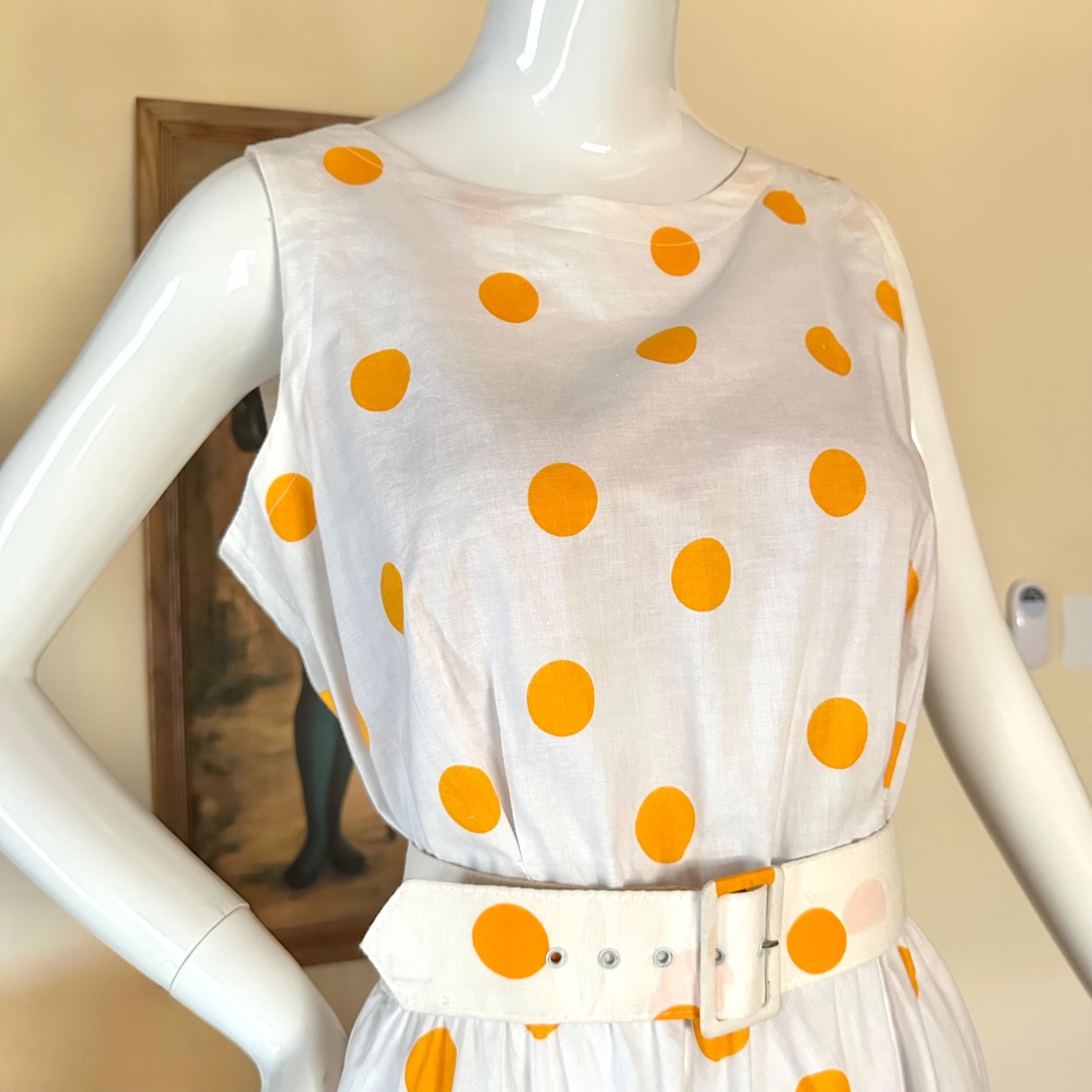 Vintage 1980s Preppy Yellow Polka-dot Skater Circle Mini Dress L Volup