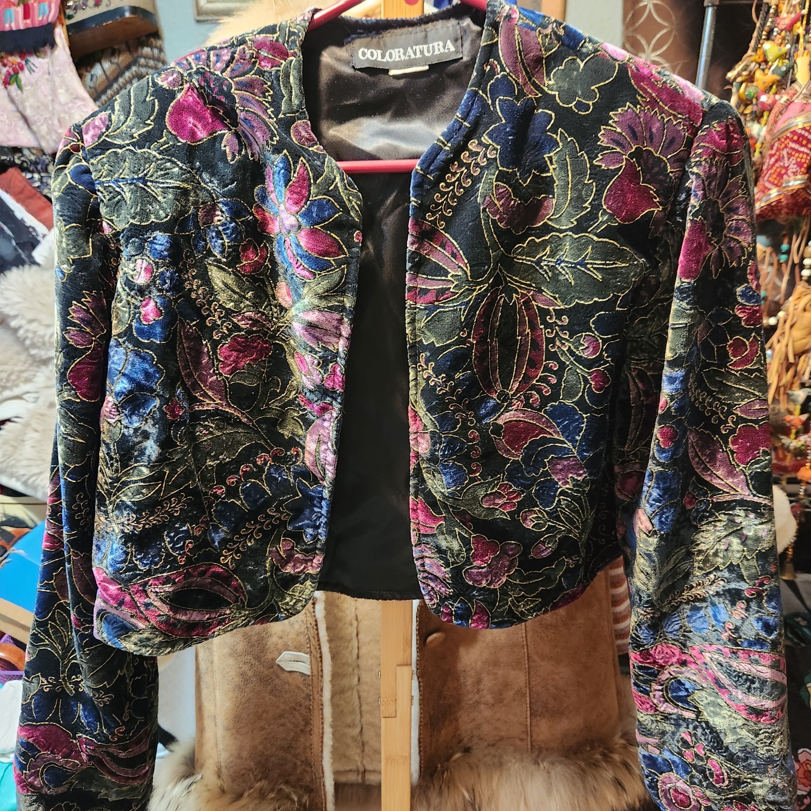 Vintage Coloratura wool Blend Velvet Bolero Crop Open Front Jacket Top
