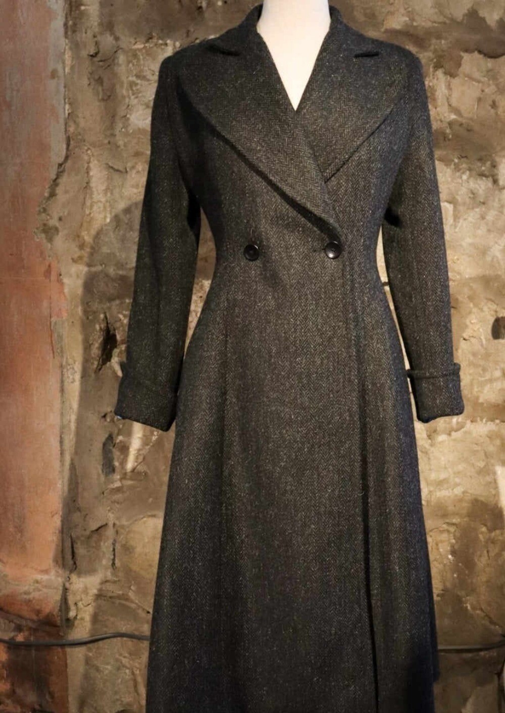 Ladies Brown Coat Herringbone Tweed Jacket Double Breasted Wide Collar Long