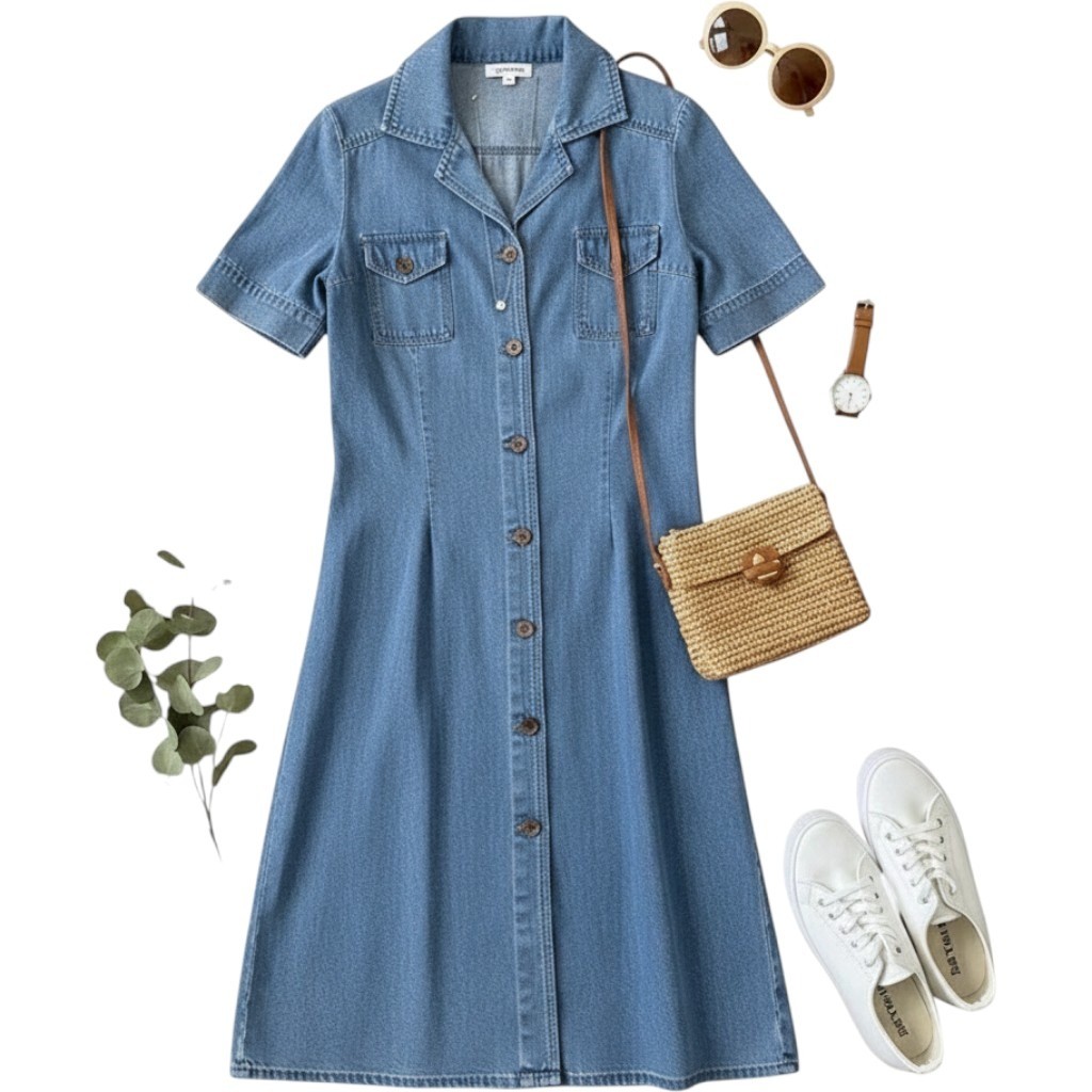 Sears Fashions Denim Shirt Dress 12 Blue Button Front A-Line Vintage Cottagecore
