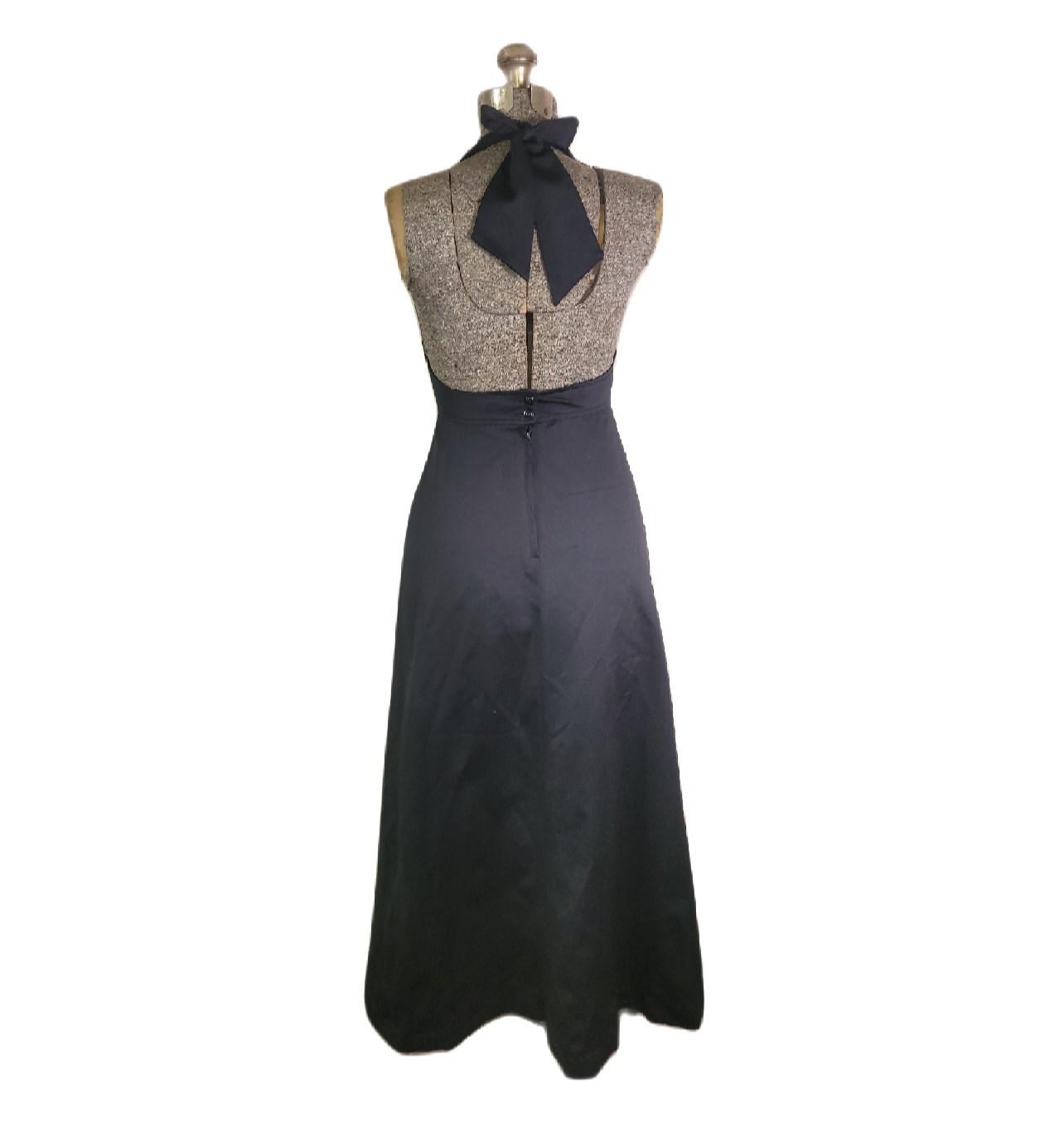 Vintage 60s 70s Black Halter Neck Maxi Dress Square Neck Basque Waist Small