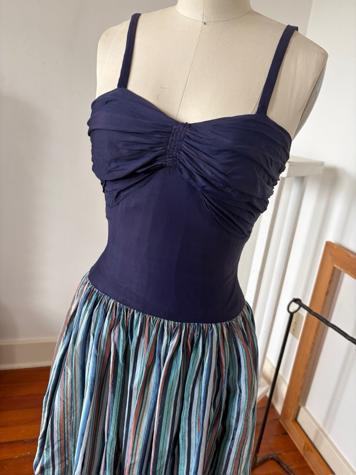 Vintage 40s Rayon Maxi Dress Ruched Bodice Colorful Striped Full Sweep Skirt XXS