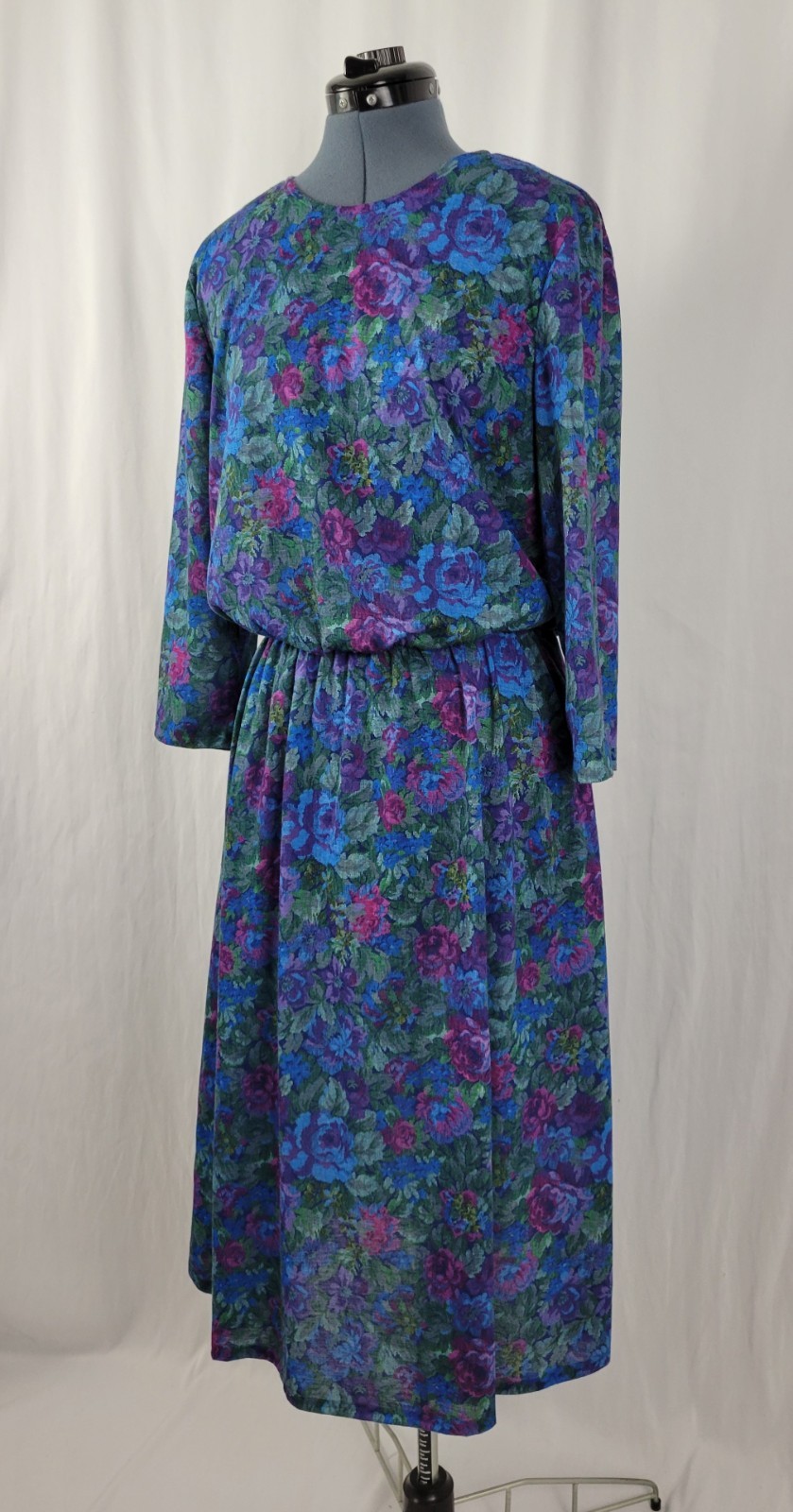 Vintage Sue Sherry Green/Purple/Blue/Magenta Floral Blouson Dress Size 16