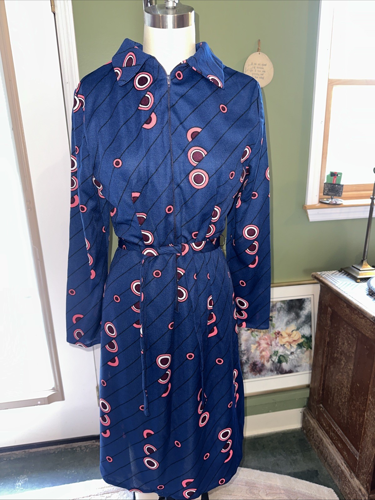 Vintage Women’s Tunic Dress Navy Psychedelic Dress Front Zip L/S Sz XL Bust 40”