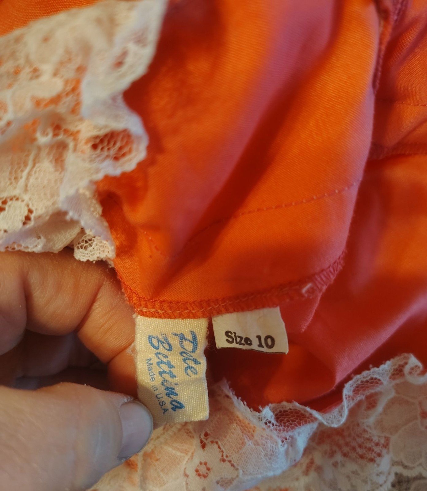 Vintage Pete Bettina Size 10 Salmon Pink Square Dancing Dress, White Lace