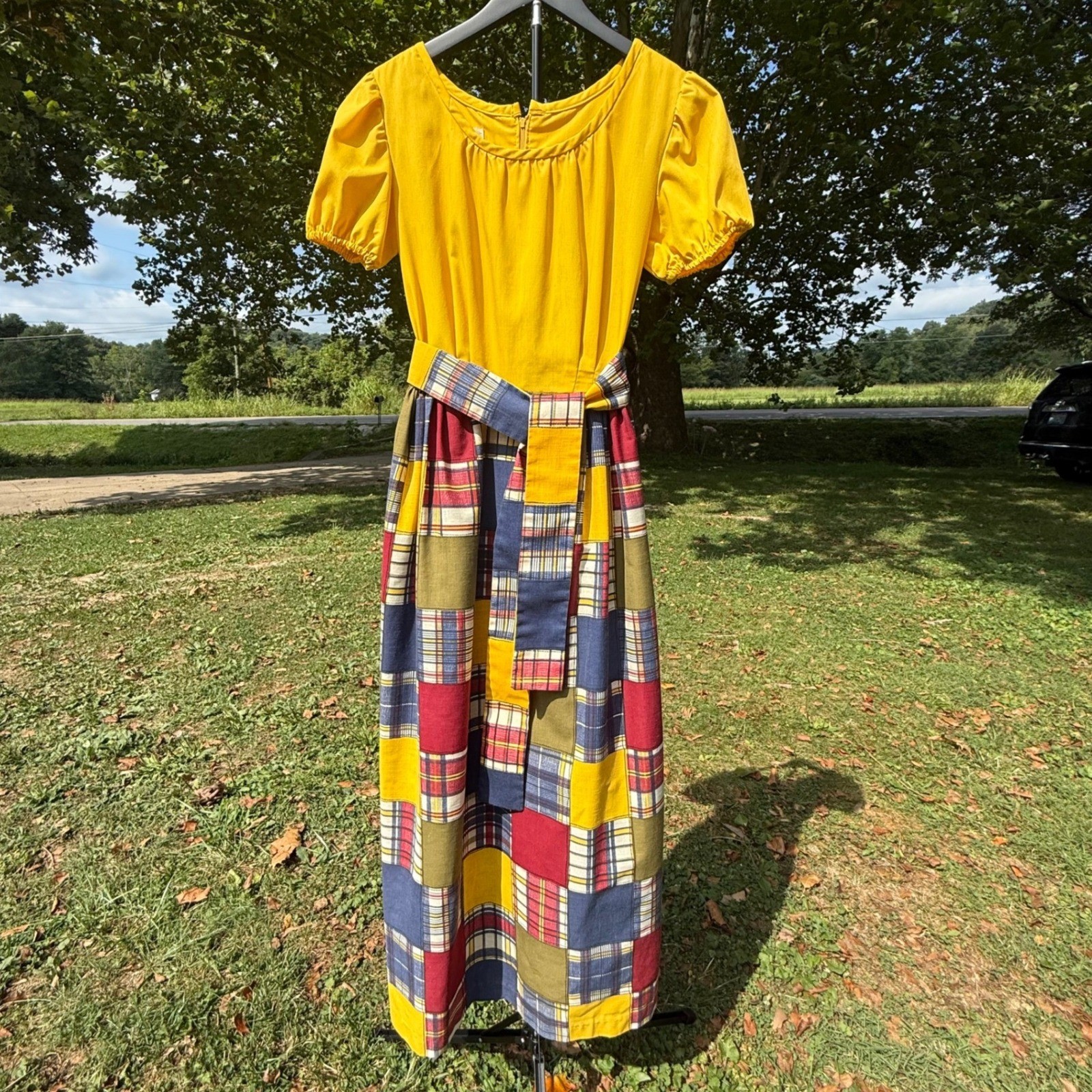 Vintage Lounge Craft Patchwork Plaid Maxi Dress Yellow 70s ILGWU Union Made 10