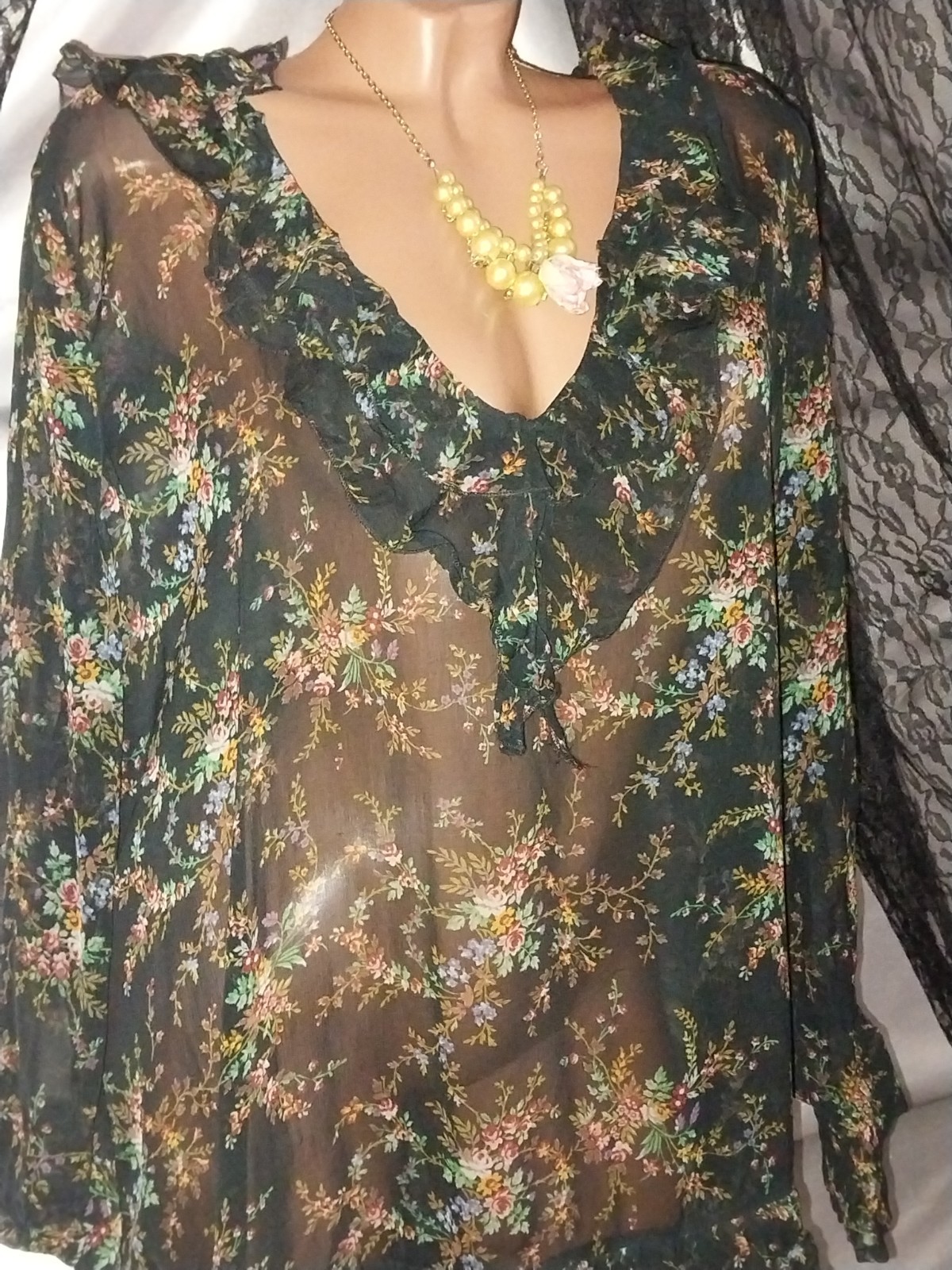 Vtg Silky Nylon Viscose CHIFFON Jade Floral Opaque Ruffles Poets Nightgown 48″