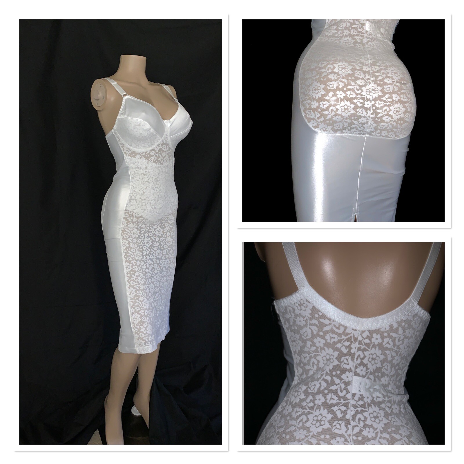 38 D Vintage TIGHT FIRM Satin Lace Bra Girdle Full Slip Spandex One Piece Shaper