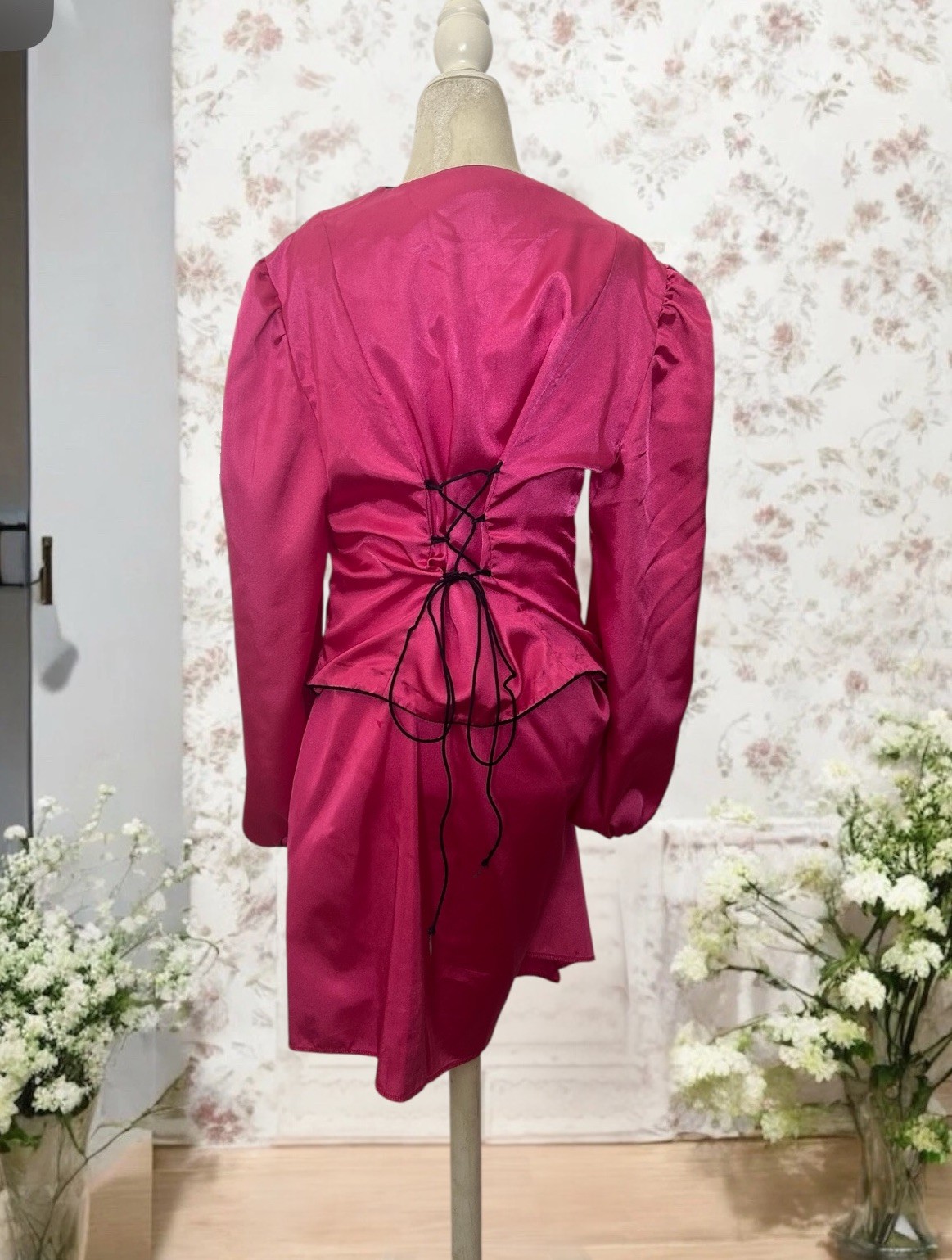 VTG 80s Skirt Suit Fuchsia Pink Corset Back Victorian Peplum Snap Skirt L 34