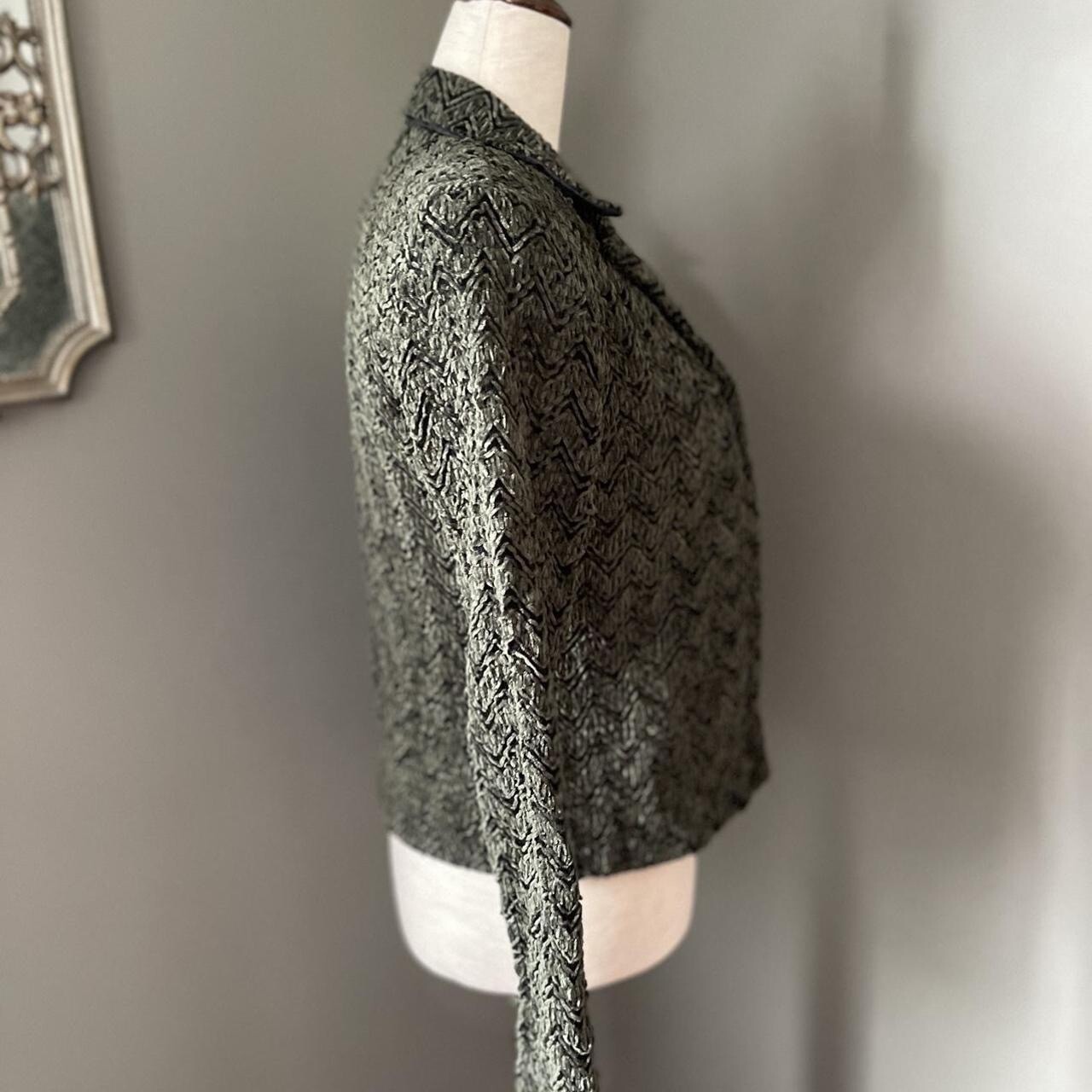 Vintage 80s Button Up Shoulder Pad Green Black Bouclé Cardigan Jacket M Chenile