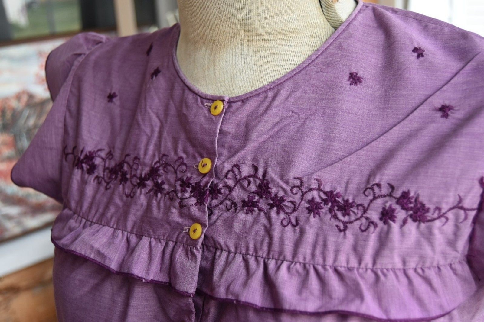 60s 'Gragero’ Cotton Nightie Embroidered Hand Dyed Ruffles-Pocket Purple-Medium