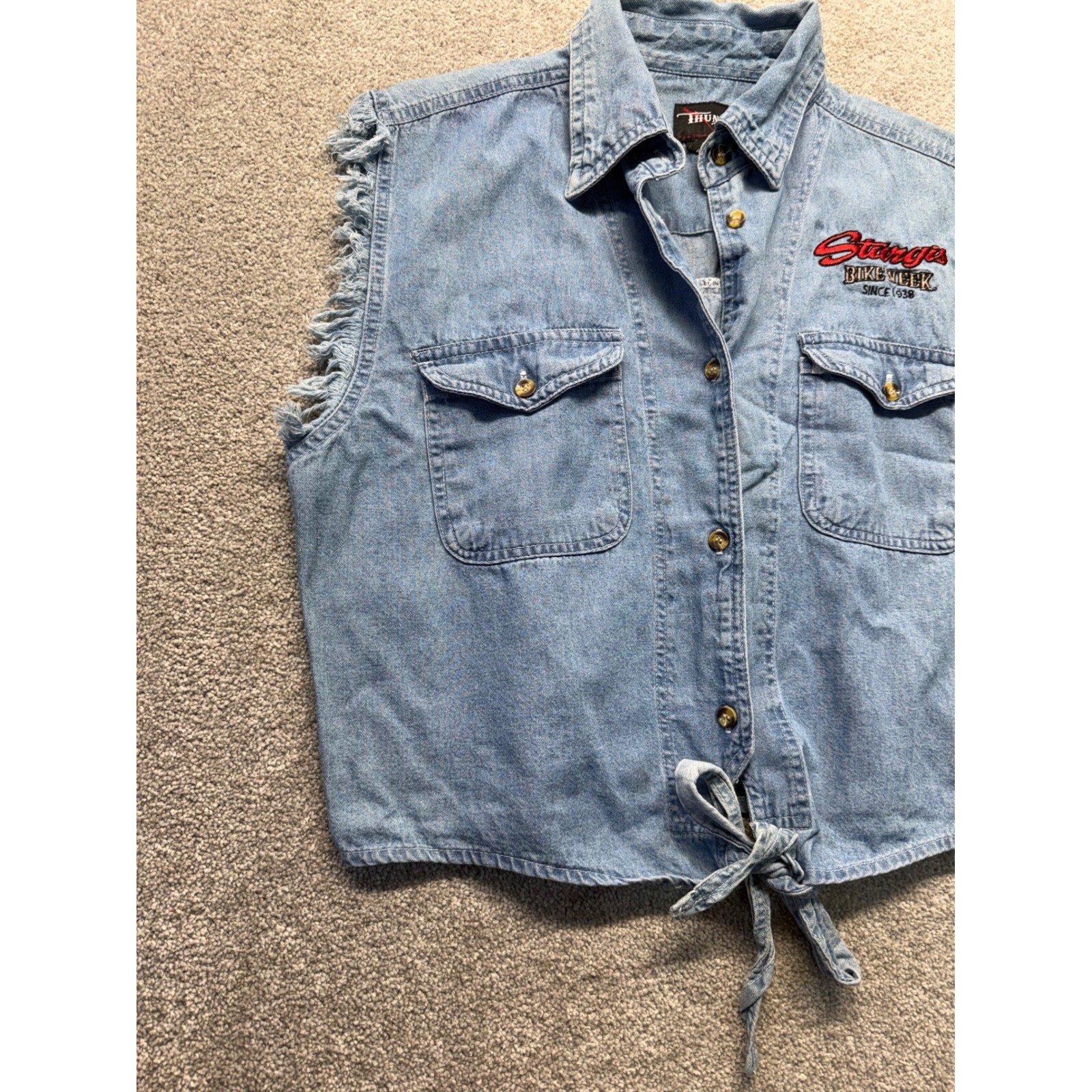 Vintage Sturgis Bike Week Denim Vest Light Wash Tie Front 2XL Blue