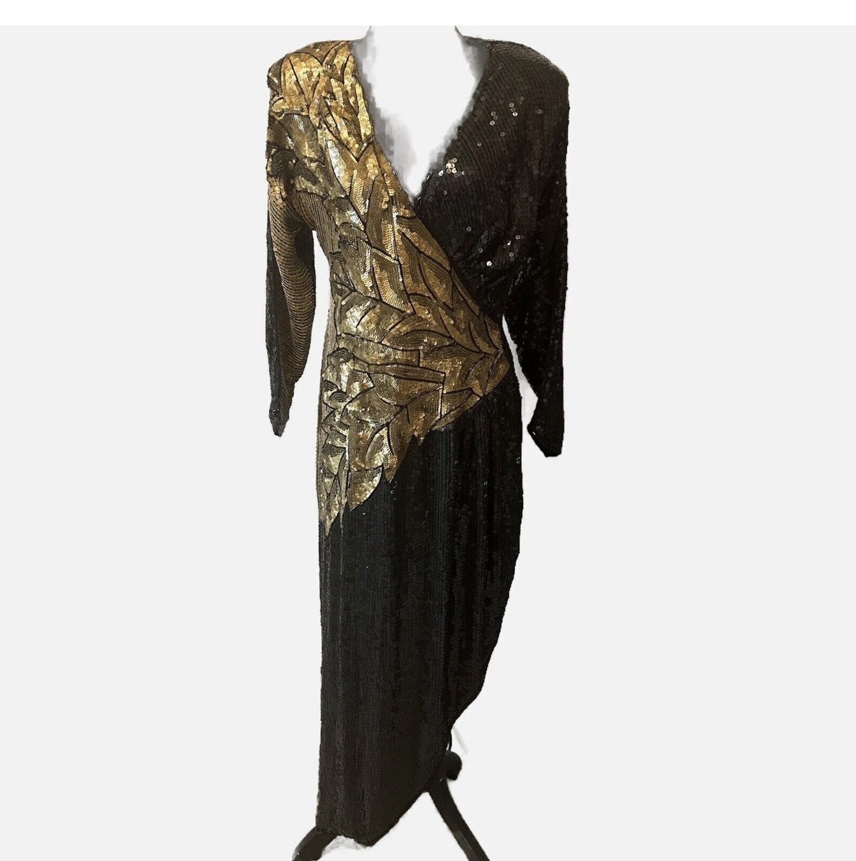 VTG Sequin Gown Dress 100% Silk 90s Black Gold Ruched V Neck Mob Wife Disco