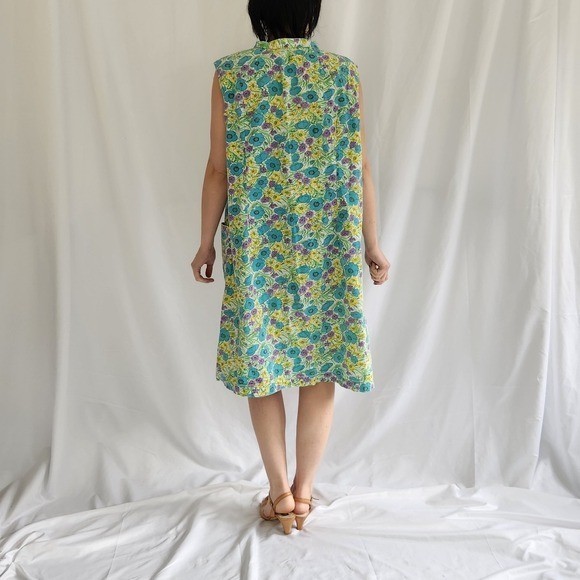 60s/70s Home Made Blue, Yellow, and Purple Floral Sleeveless Dress
