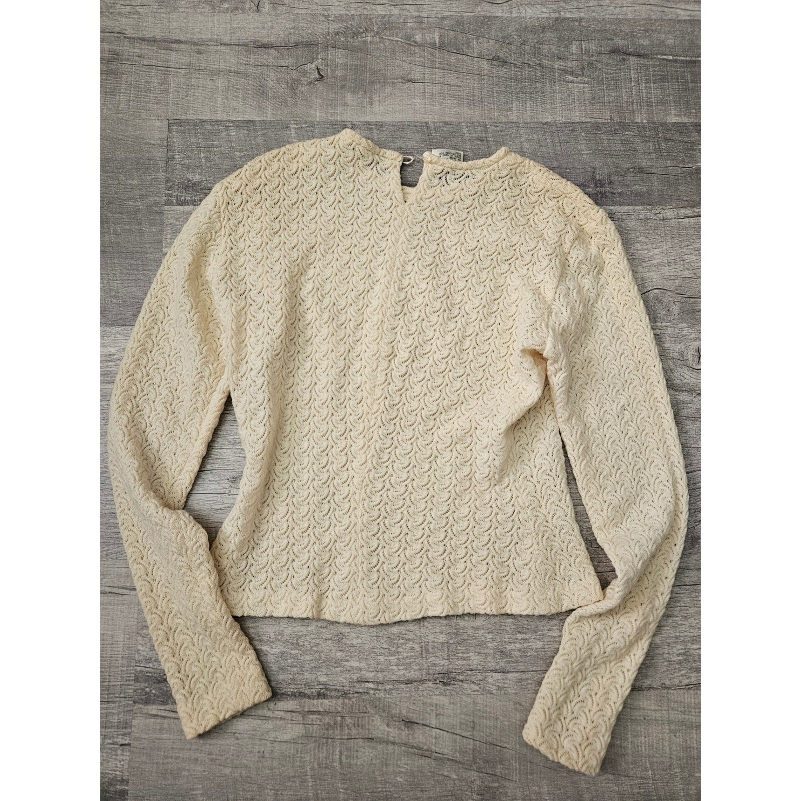 Vintage 100% Wool Cream Open Knit Long Sleeve Sweater Top Size Medium