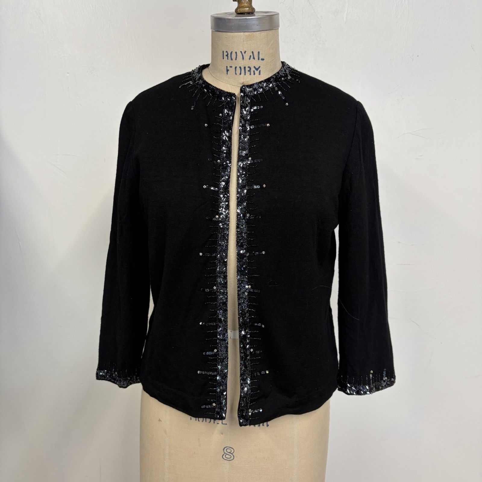 STUNNING vintage 60s Gino Paoli Sequin Wool Sweater Cardigan Small Black