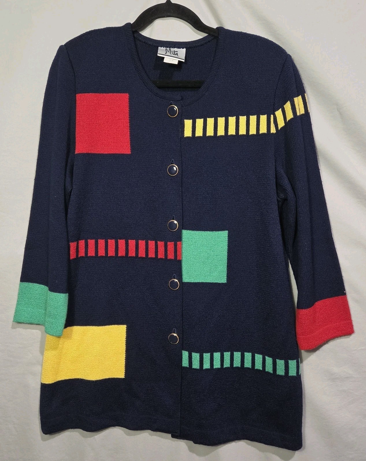 80s 90s Mita Colorblock Cardigan Sweater or Mod Dress Sz 14 With Shoulder Pads