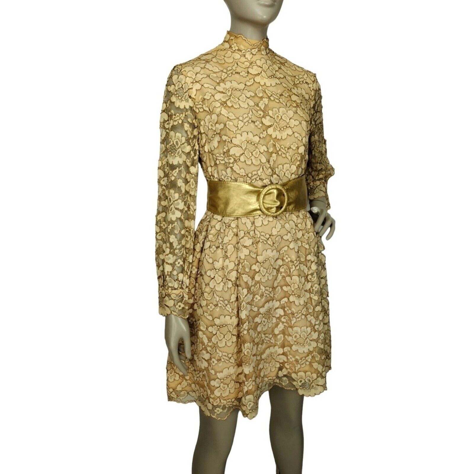 Vintage 60s Beige Gold Floral Lace Scalloped Edge Balloon Sleeve Mini Dress