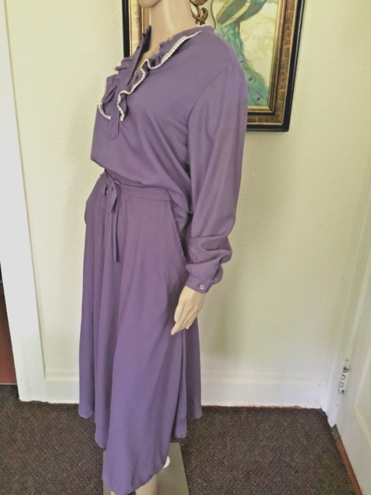 70’s Vintage Purple Boho Lace Ruffle Western Blouse Midi Skirt Set