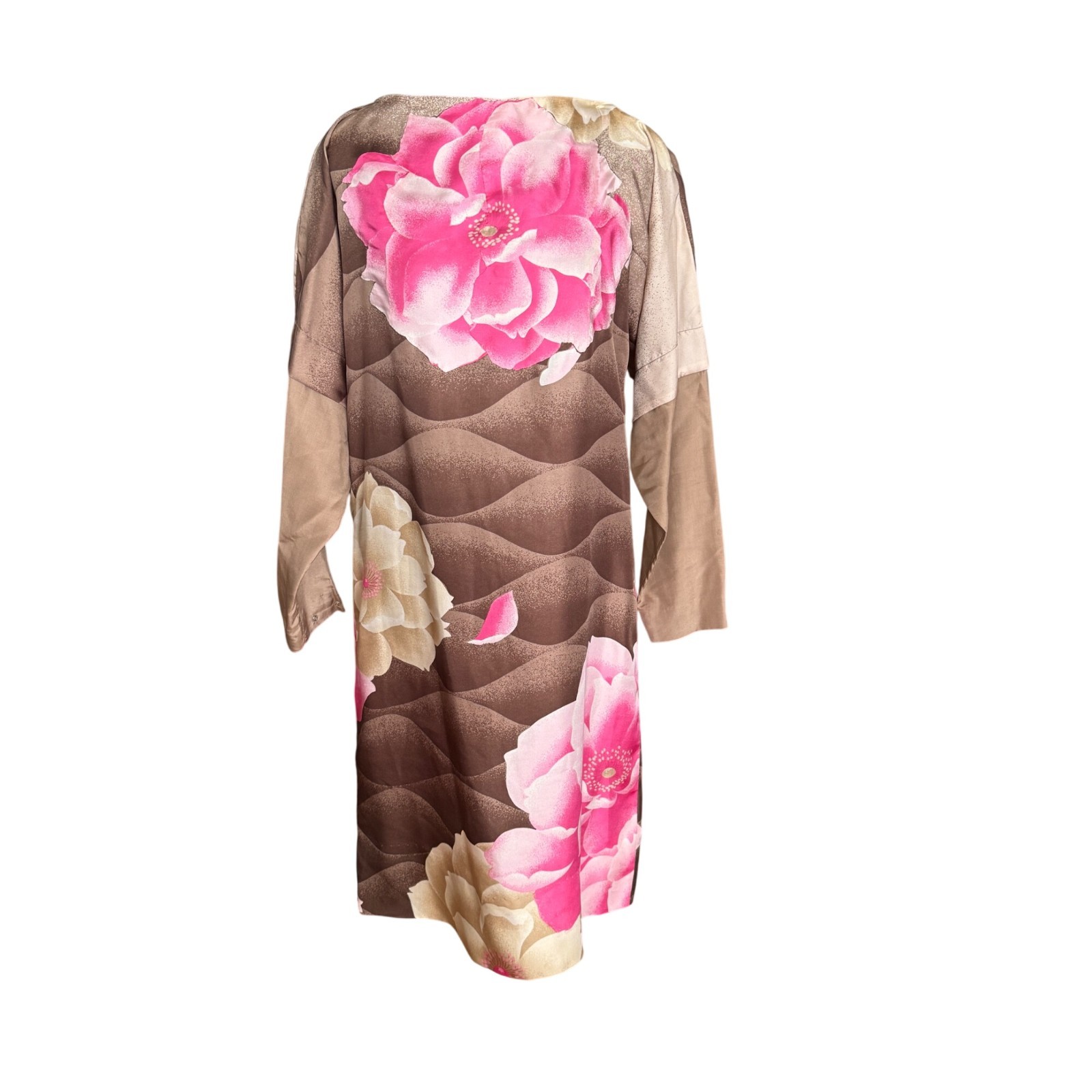 Alba Ruth Vintage Floral Kimono-Style Dress With Brown Wave Pattern & Pink Peon