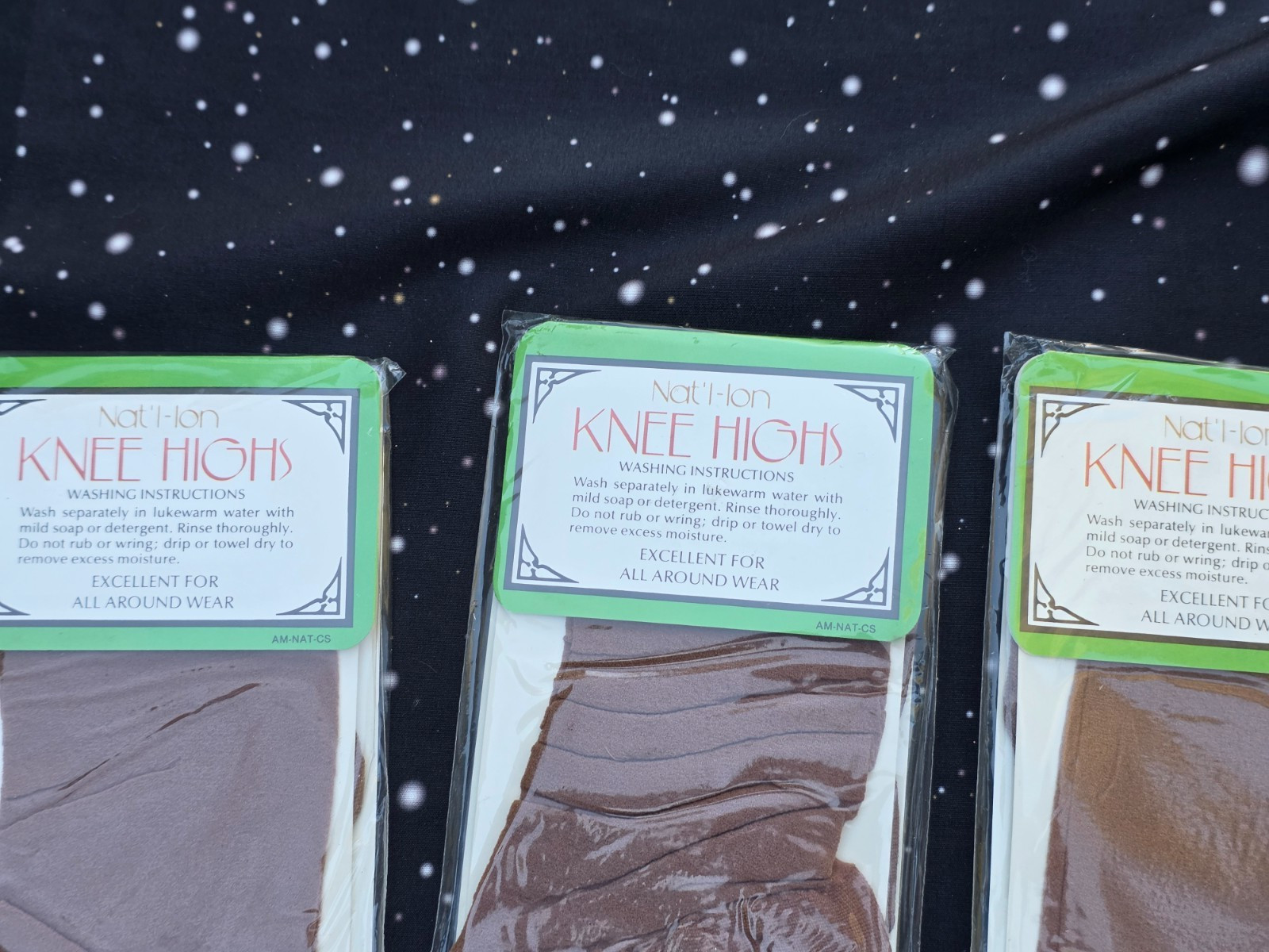 3 Vintage Beige/Tan Knee Highs by National COTTON SOLE FIRM HOLD Sealed NOS USA
