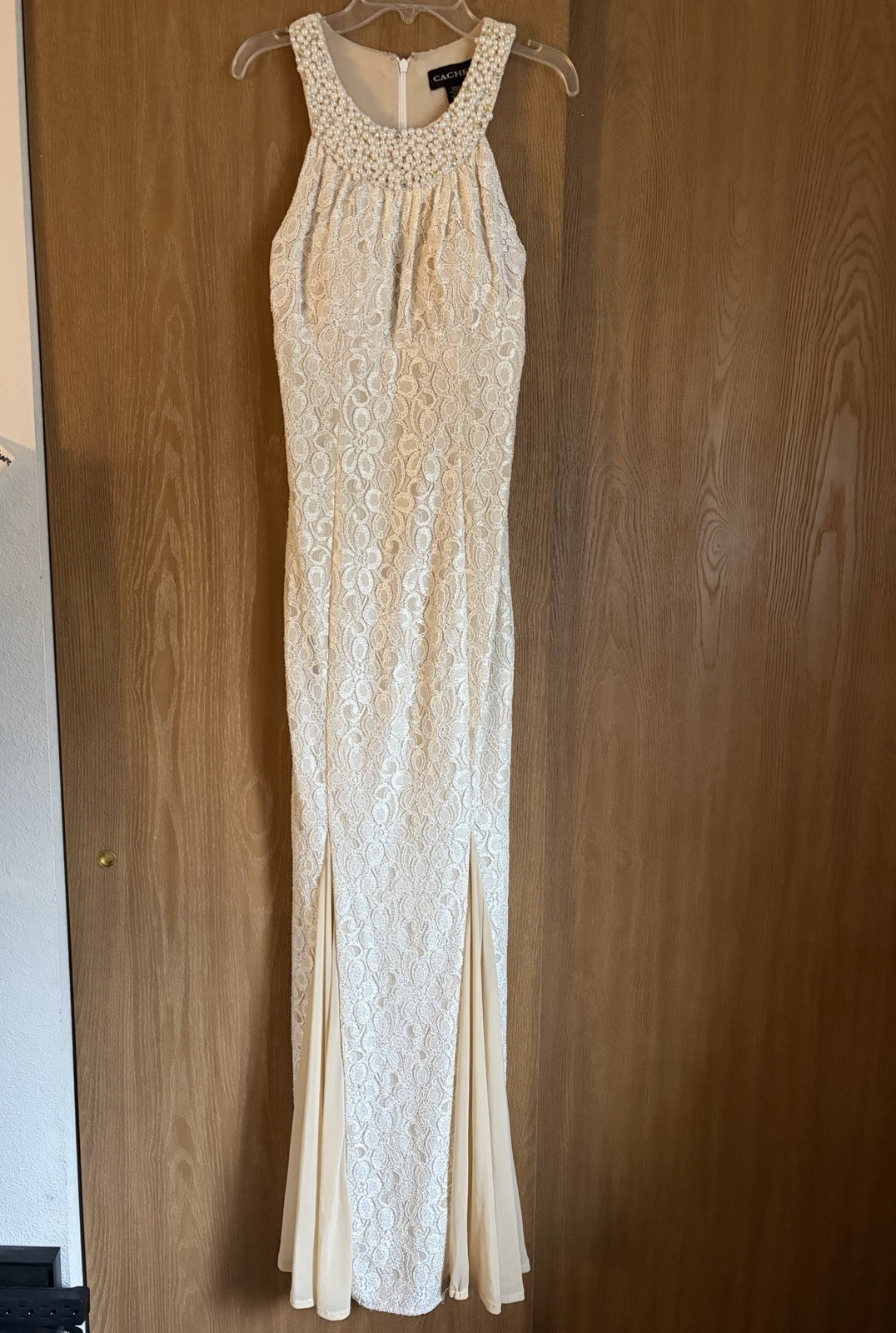Vintage Caché Champagne Pearl Beaded Lace Mermaid Formal Gown Size 4