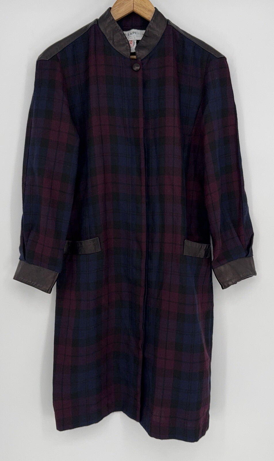 Ted Lapidus Couture Women’s Coat Navy Burgundy Plaid Leather Trim FR 42