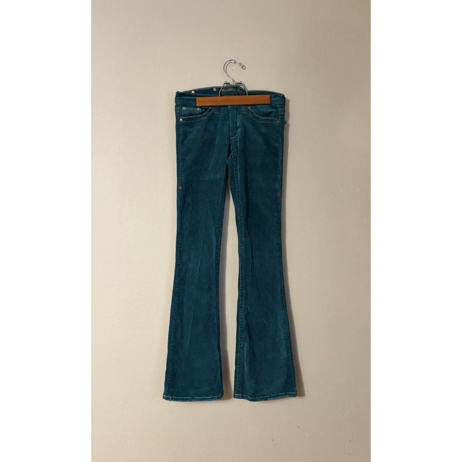 VTG Plastic by Gly Teal Corduroy Flare Pants Y2K Made in USA God Loves You