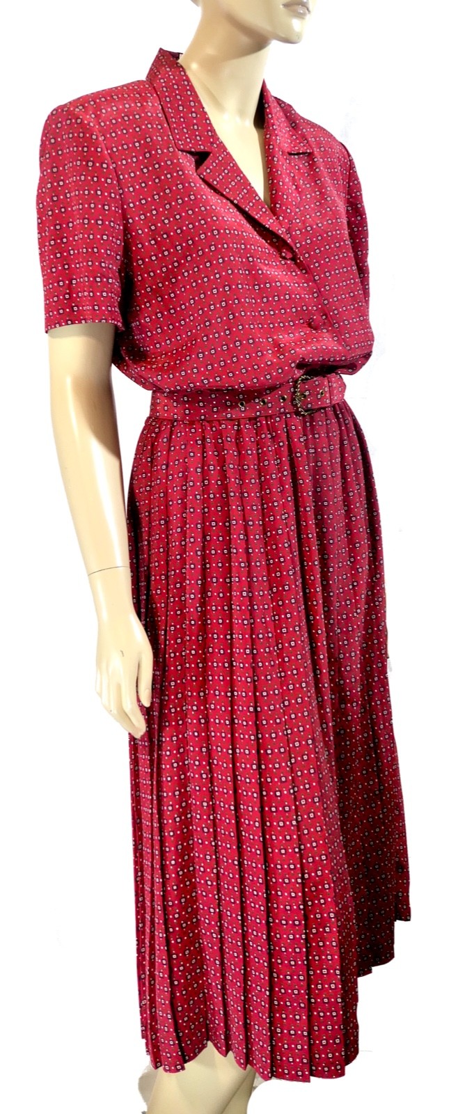 Vtg 80s Leslie Fay Rockabilly Secretary Belted Pleated Dress Grunge Red 14 L