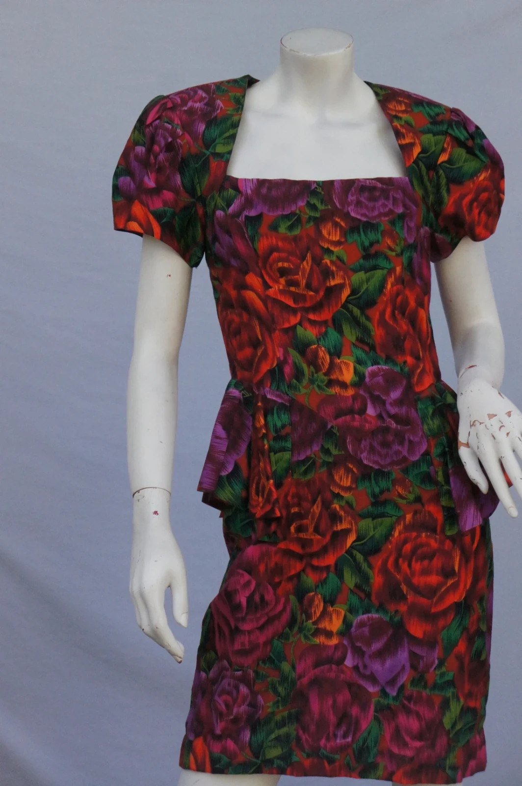 Vintage 80s Floral Print Peplum Dress with Open Back By Bugardi Cocktail Dress