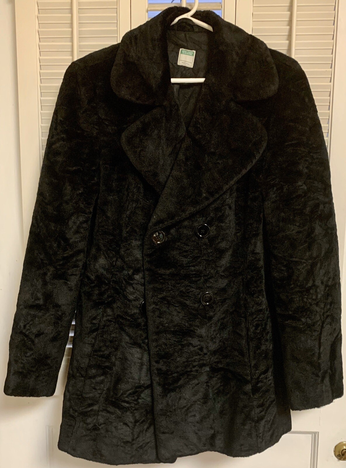 United Colors Of Benetton Womans Med Coat Black Faux Fur Vintage Italian Peacoat