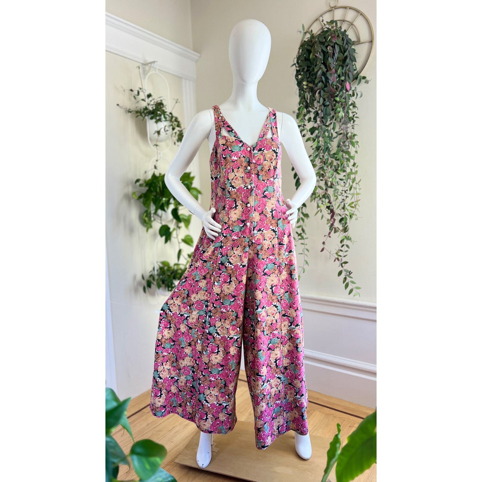 Vintage 1990s Jumpsuit 90s Floral Print Wide Leg Palazzo Romper Pink Cotton