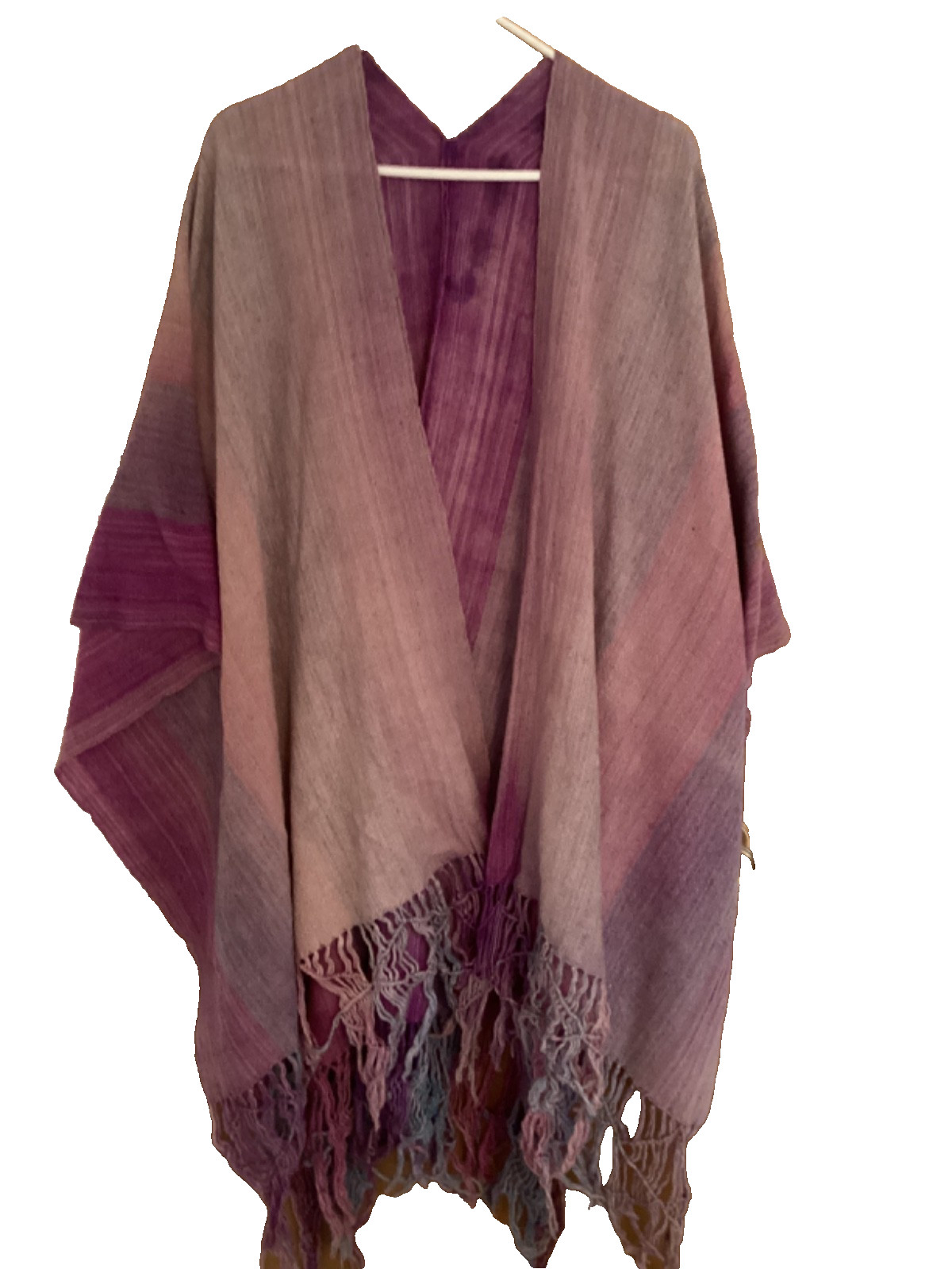 Vintage Woven Wool Poncho Purples Pinks Hippy BOHO Fringe Cape Shawl Wrap