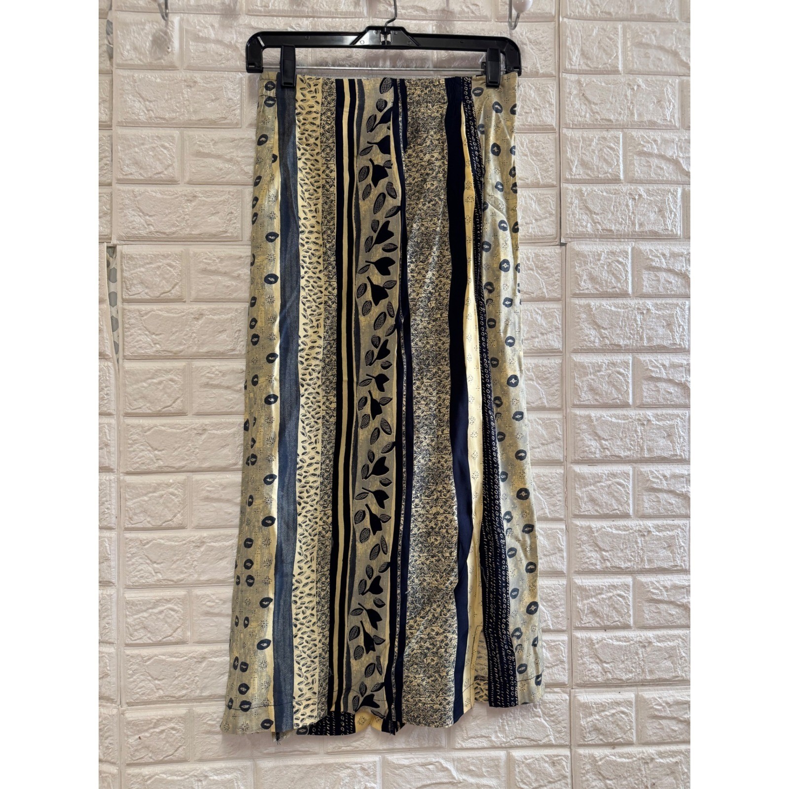 Jo Hardin Vintage Mixed Print Maxi Skirt Navy Yellow Botanical Size 6 USA Made