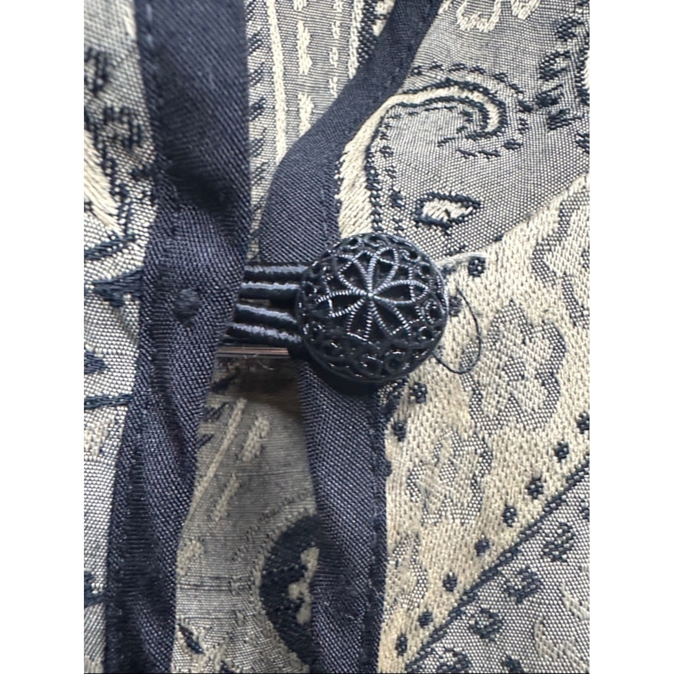 VTG Paisley Olive Green Button Front Shirt Jacket XL Black Trim Boho Gallerycore