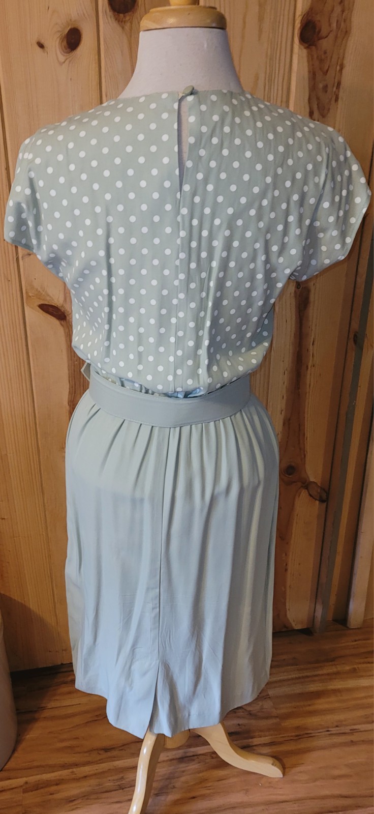 1980s STUART ALAN Sage Green Career Wear Polka Dot Belted Dress + Striped Jacket