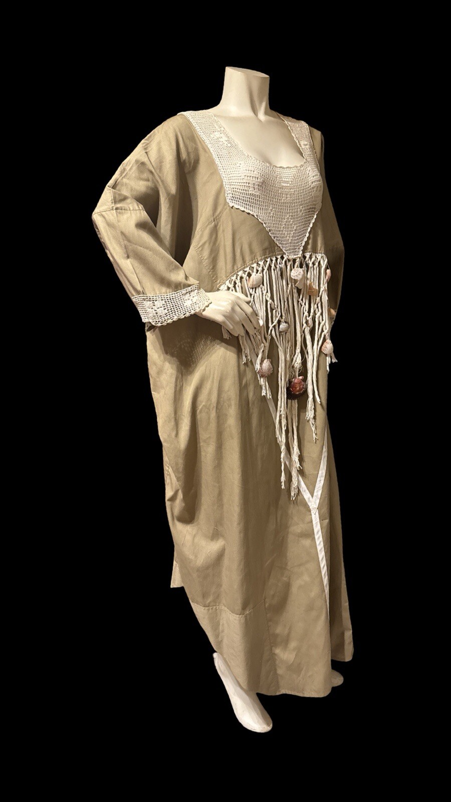 Vintage 80 Crochet Ribbon Dress Opus 1 Khaki Cotton Poplin Macrame & Sea Shells