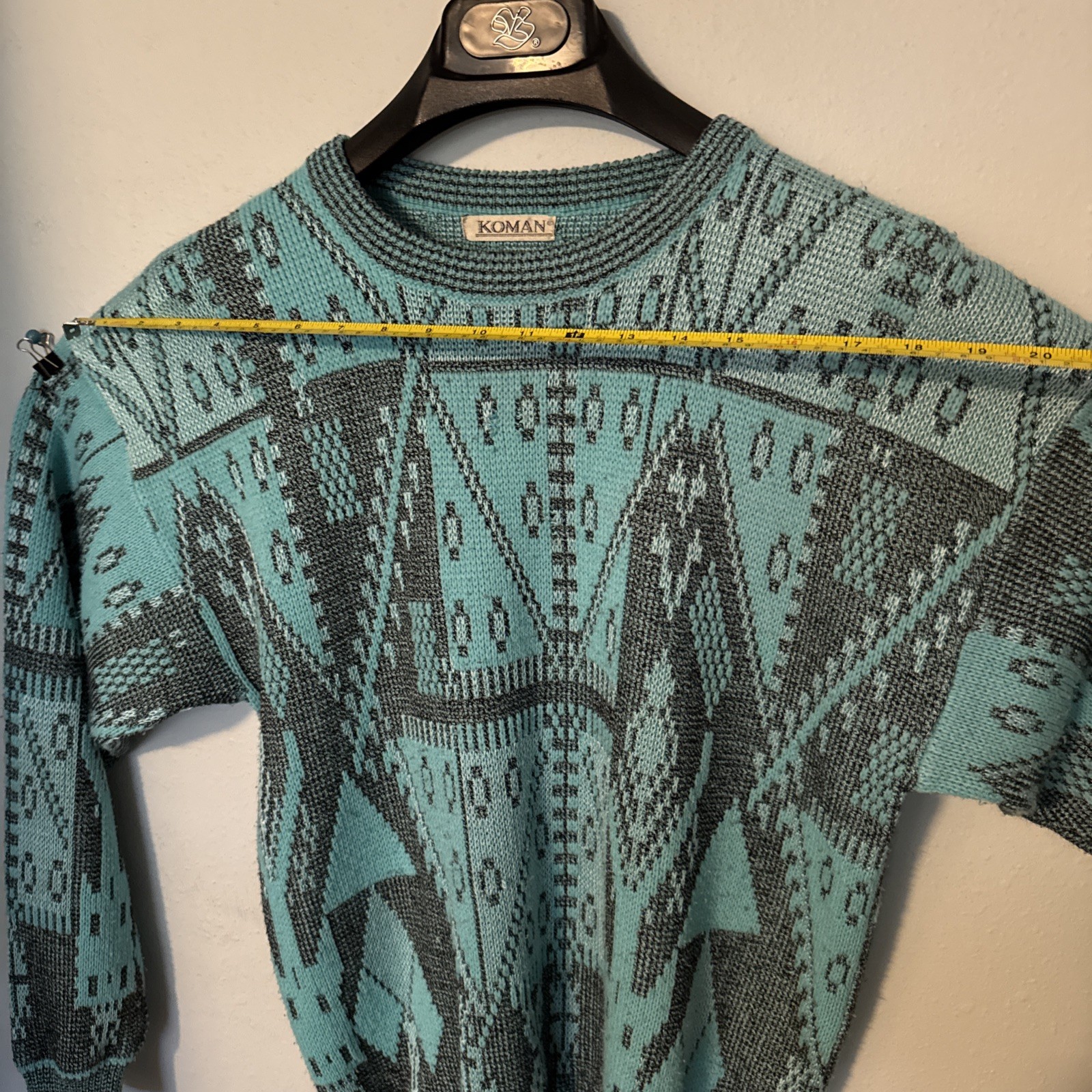 Vintage 1980’s Koman Retro Aqua Blue Black Sweater Sweater XL Y2K vibe Tribal