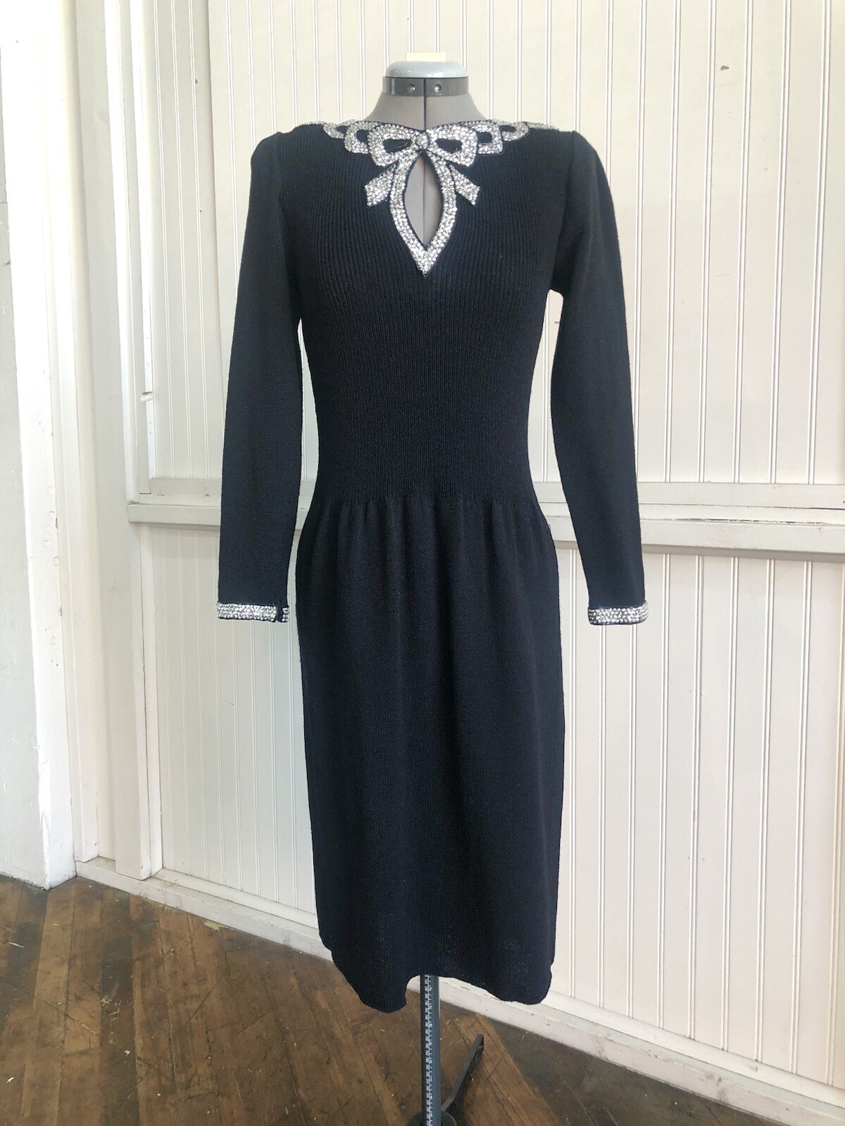 Vintage Black Knit Don Sayers For Wellmore Dress Silver Sequin Bow, *New Year’s