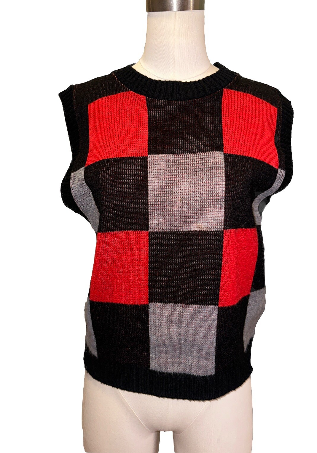 Vintage You Babes Sweater Vest Large Red Black Buffalo Plaid Check 80s Acrylic