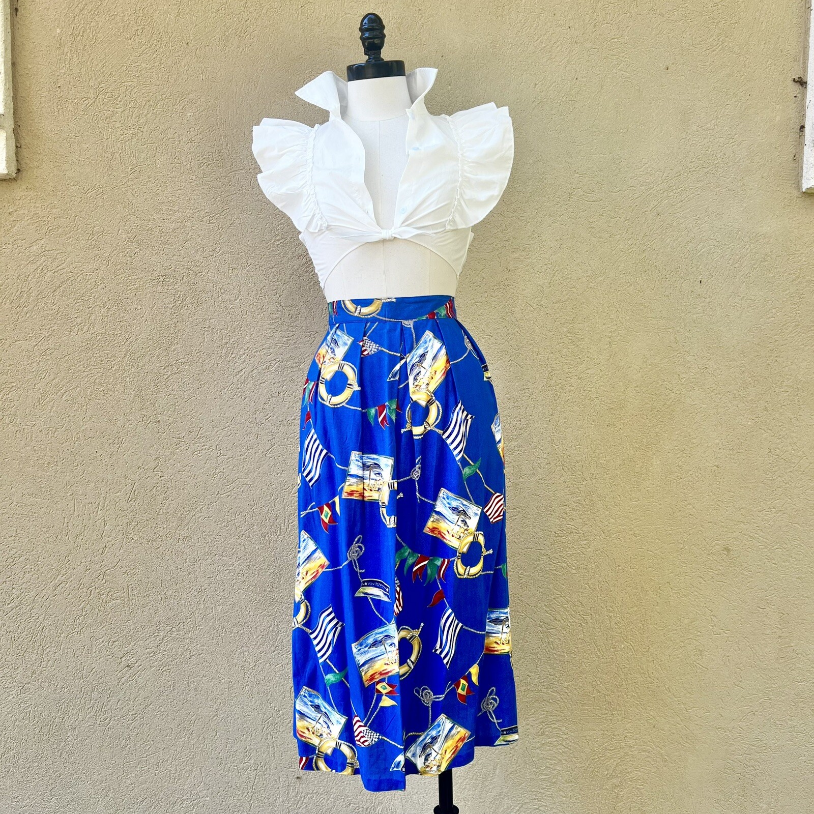MARITIME NAUTICAL Sailing Yacht 90s 1990’s Vintage Novelty Print Rayon Skirt XL