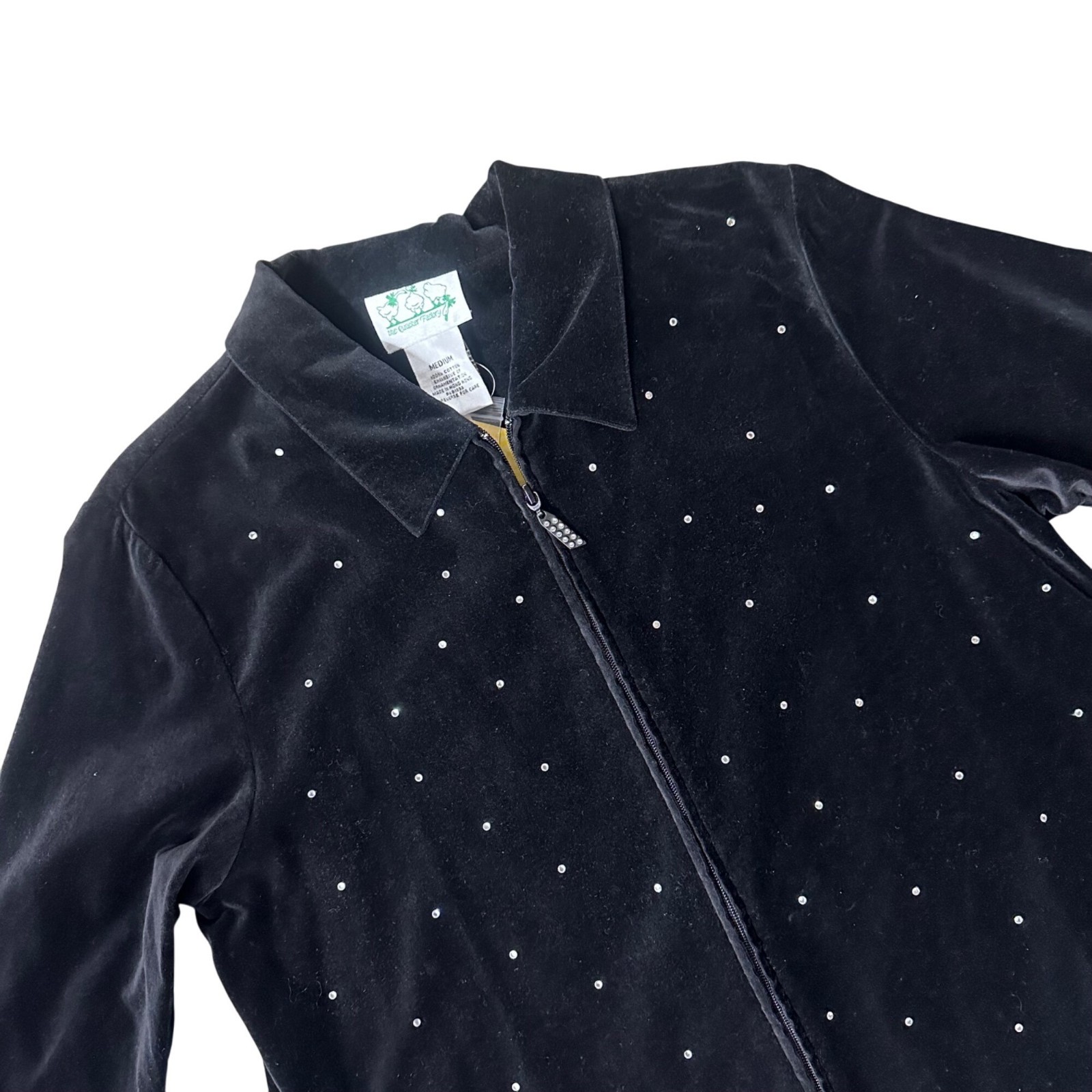 Vintage Quacker Factory Black Velvet Shirt Rhinestones Size Medium 1990s Zip Up