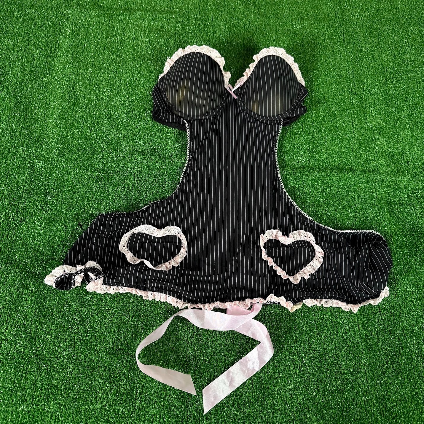 Vintage Y2K Jolie Intimates Teddy Black Pink Pinstripe Heart Cutout Underwire L
