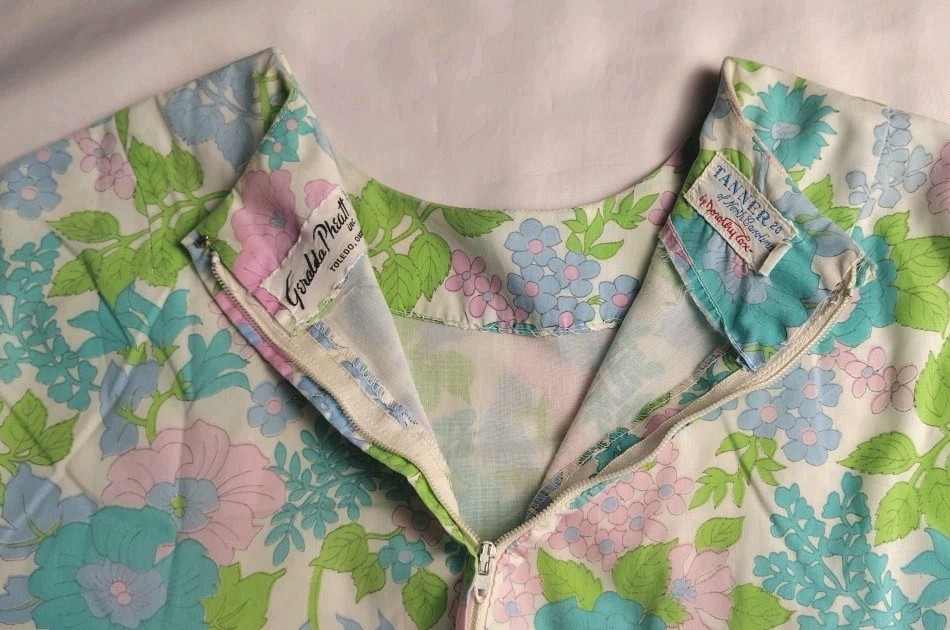 Tanner Of North Carolina Dress Dorothy Cox Cotton Shift Sz 16 Blue Green 1960s