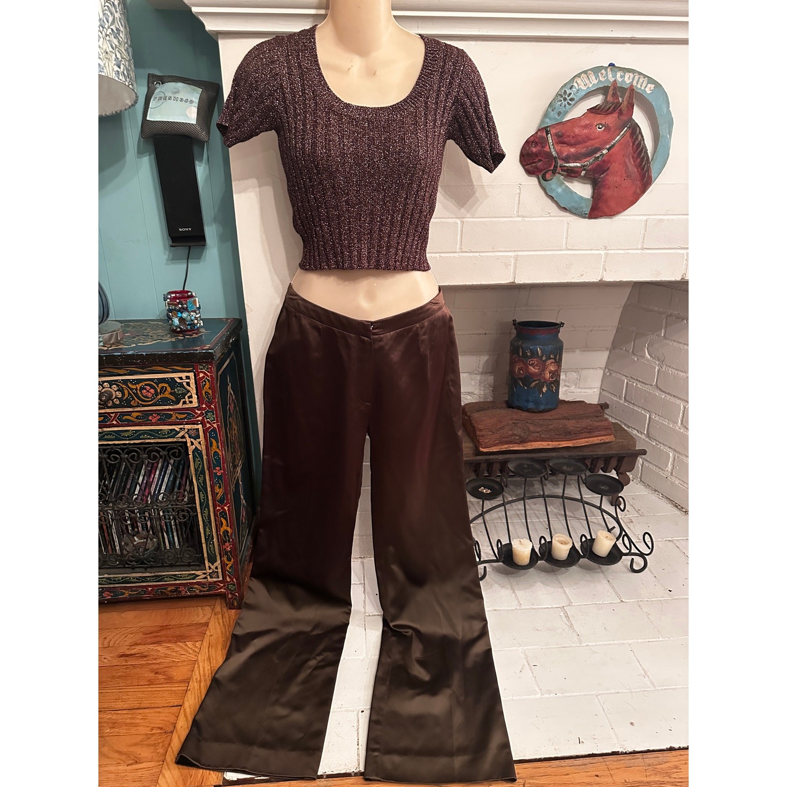 VINTAGE LES COPAINS ITALY HI SHEEN CHOCOLATE BROWN SATIN WIDE LEG PANTS
