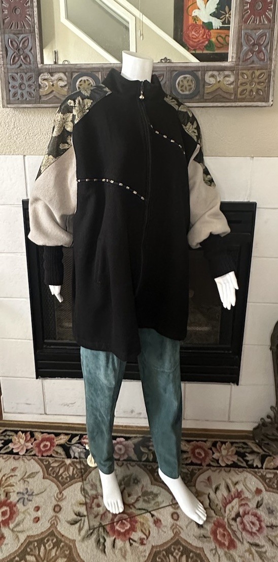 Vtg Wool Coat XL Lady Suzette Black Gold 80s Glam Zip Up Jacket Bat Wing Sleeves